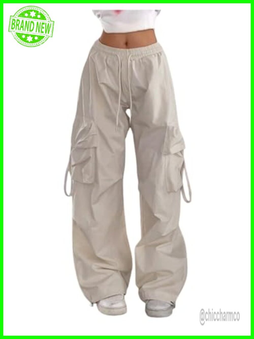 Women's Parachute Cargo Wide Leg Track Pants High Rise Drawstring